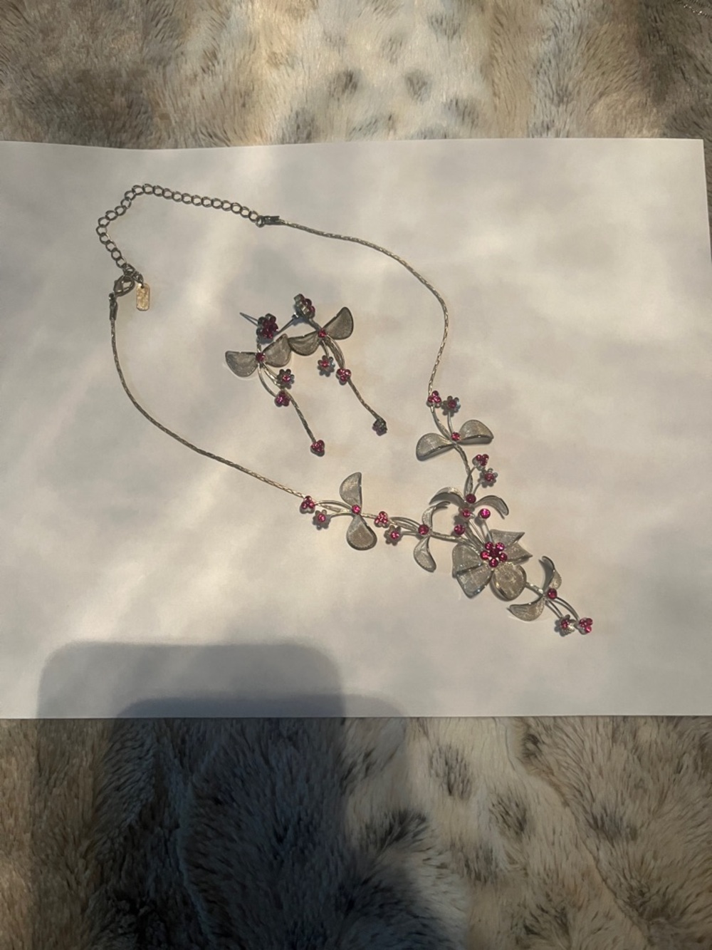 Floral Silver-Tone Necklace and Earrings Set with Pink Crystals